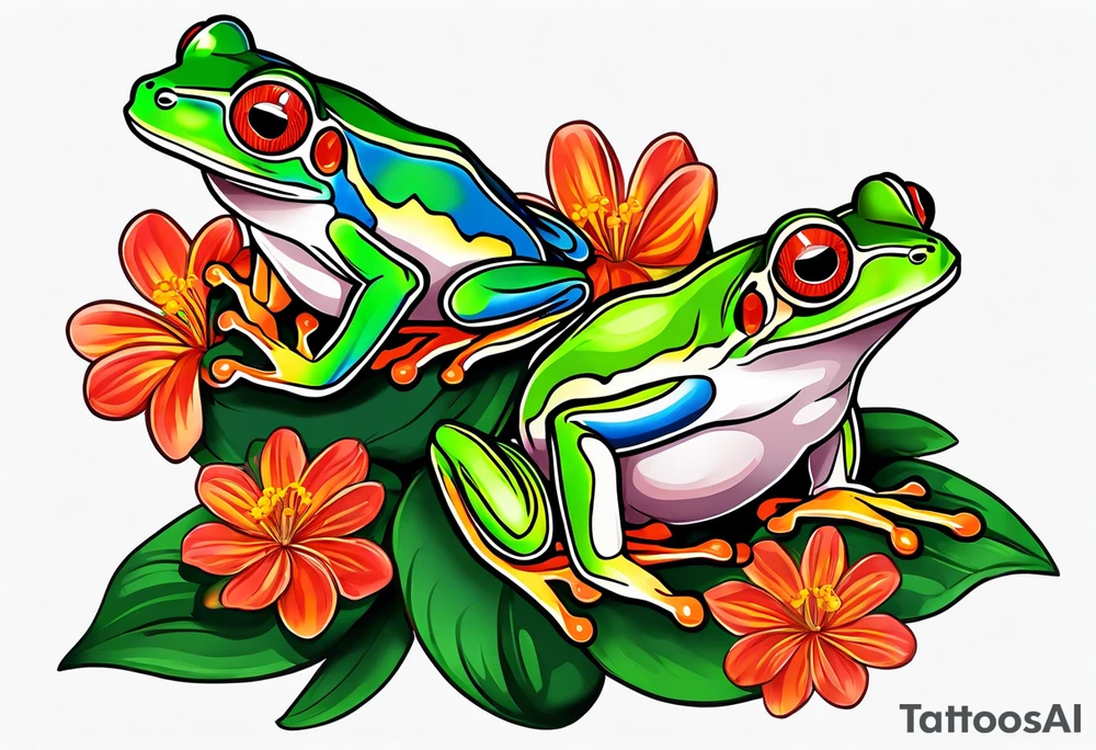 2 Red-eye tree frogs one big and one small sitting on on flower with a stem tattoo idea