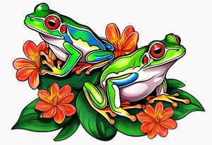 2 Red-eye tree frogs one big and one small sitting on on flower with a stem tattoo idea