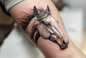 Wild Mustang in Motion – A gray dappled horse with windswept mane, head slightly turned as if mid-gallop, colored in soft grays, dark browns, and dusty whites. tattoo idea