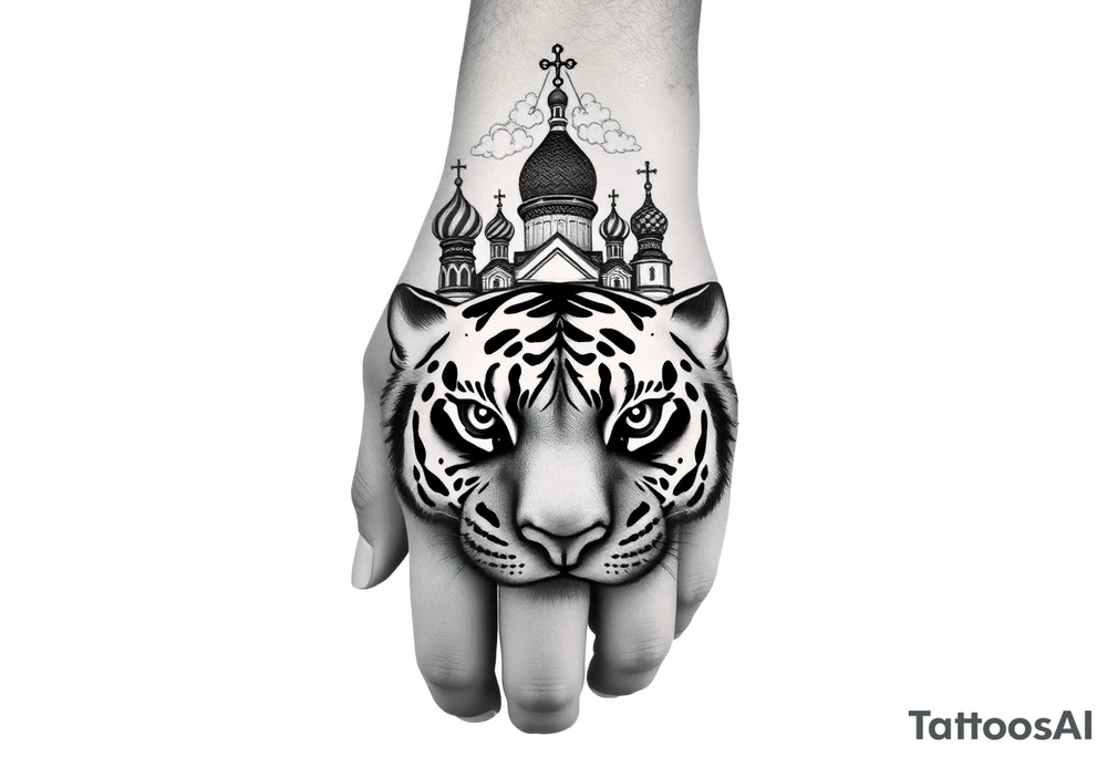 Realistic tiger face on the back of the hand with strong contrast and fine detail with hollow black eyes. with a highly detailed Russian Orthodox cathedral sitting above on fore arm with onion domes and orthodox crosses, done in fine line, engraving-like style. Cohesive composition, black ink only, no color, high contrast, slightly aged, documentary-style, plain light background. with clouds above and a virgin mary 
spanning from my hand to lower fore arm tattoo idea