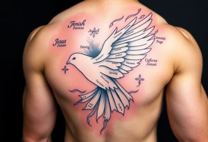 White dove of fire with the names of Jesus and the Characteristics of the Holy Spirit in English tattoo idea