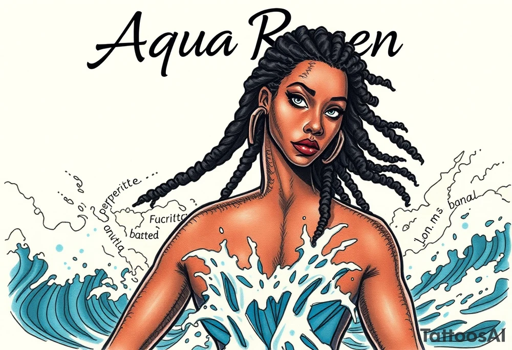 Create a comic book cover for a black female superhero named “Aqua Raven” have her standing in waves in the ocean with powers above her 
Show her with dreadlocs
Put her name in the background above her tattoo idea