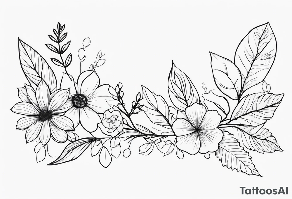 line of leaves and flowers, wraparound long tattoo idea
