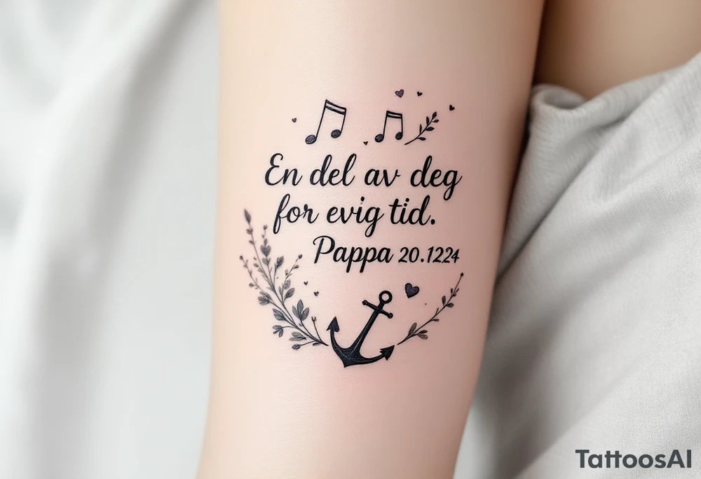 Quote: "En del av deg for evig tid. 
Pappa 20.12.24"
Surround the quote with delicate long gladious, notes, hearts and an anchor tattoo idea
