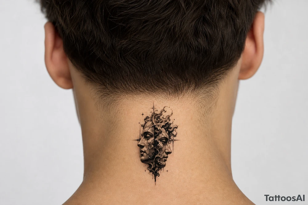 Black and grey tattoo design of a broken marble statue face split down the middle, side view profile, realistic shattered porcelain effect, dark wispy smoke and liquid pouring out of the cracks, Chicano tattoo shading, heavy blackwork background, sharp 4-point sparkle stars, high contrast, clean white background, detailed tattoo stencil style on side neck tattoo idea