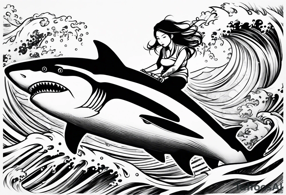 naked japanese girl riding shark tattoo idea