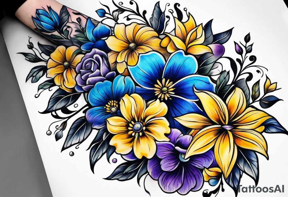 Blue yellow and purple flowers arm sleeve tattoo idea