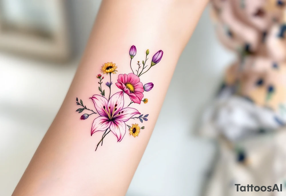 stargazer lillies in light pink with small yellow sunflowers and poppies and purple tulip buds in a dainty wildflower bouquet with stems tattoo idea