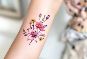 stargazer lillies in light pink with small yellow sunflowers and poppies and purple tulip buds in a dainty wildflower bouquet with stems tattoo idea