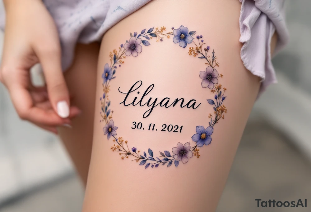 Lenka 30. 11. 2021 – Lavender and soft gold flowers circling Lilyana's birthdate, in a delicate cursive font. tattoo idea