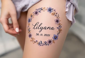 Lenka 30. 11. 2021 – Lavender and soft gold flowers circling Lilyana's birthdate, in a delicate cursive font. tattoo idea