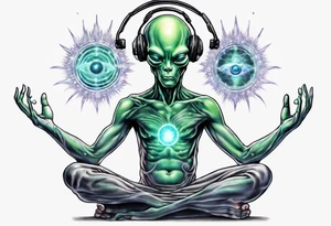 A realistic depiction of a meditating alien DJ  and energy flowing from their pineal gland tattoo idea