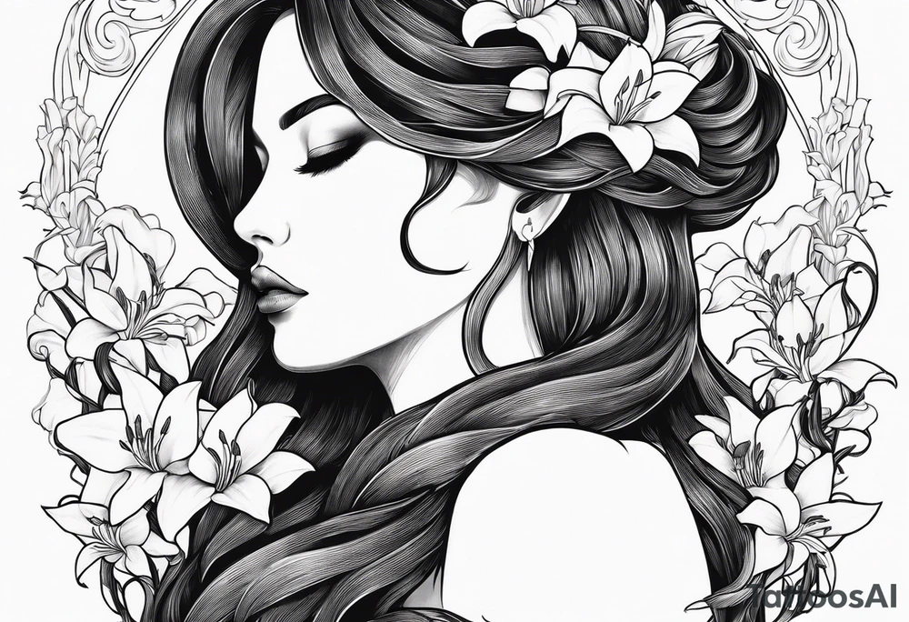 a side view of lilith holding a serpent and surrounded by lilies tattoo idea