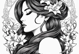 a side view of lilith holding a serpent and surrounded by lilies tattoo idea