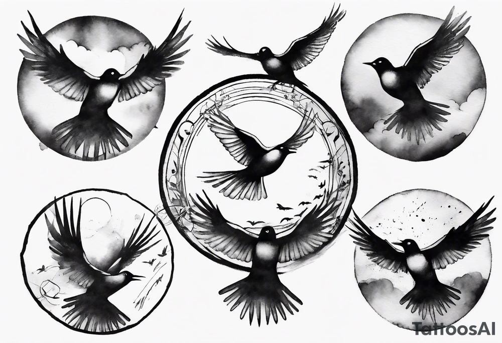 shoulder tattoo with light rays with birds flying free among the clouds, round shape, 3d effect tattoo idea