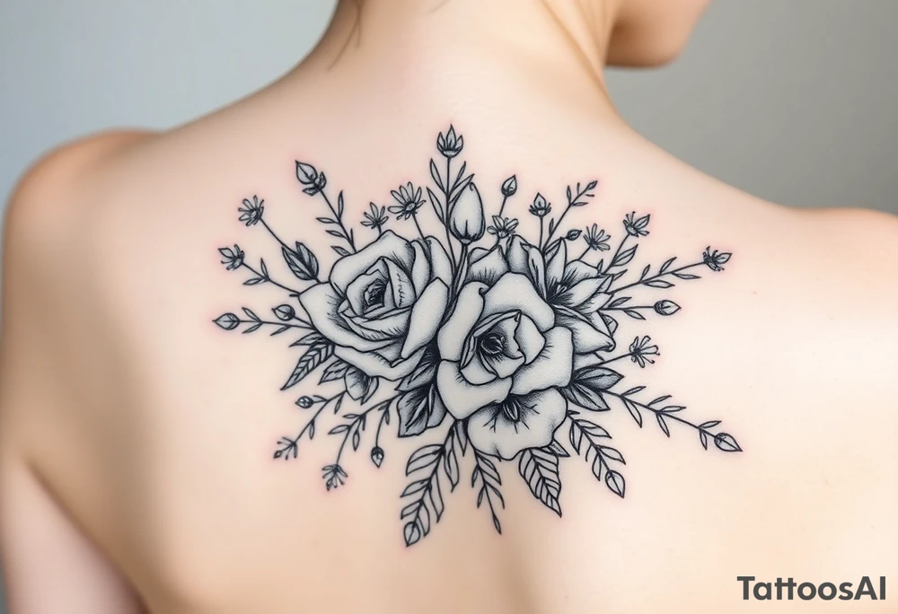 vintage bouquet of wild roses and meadow flowers with morning dew tattoo idea