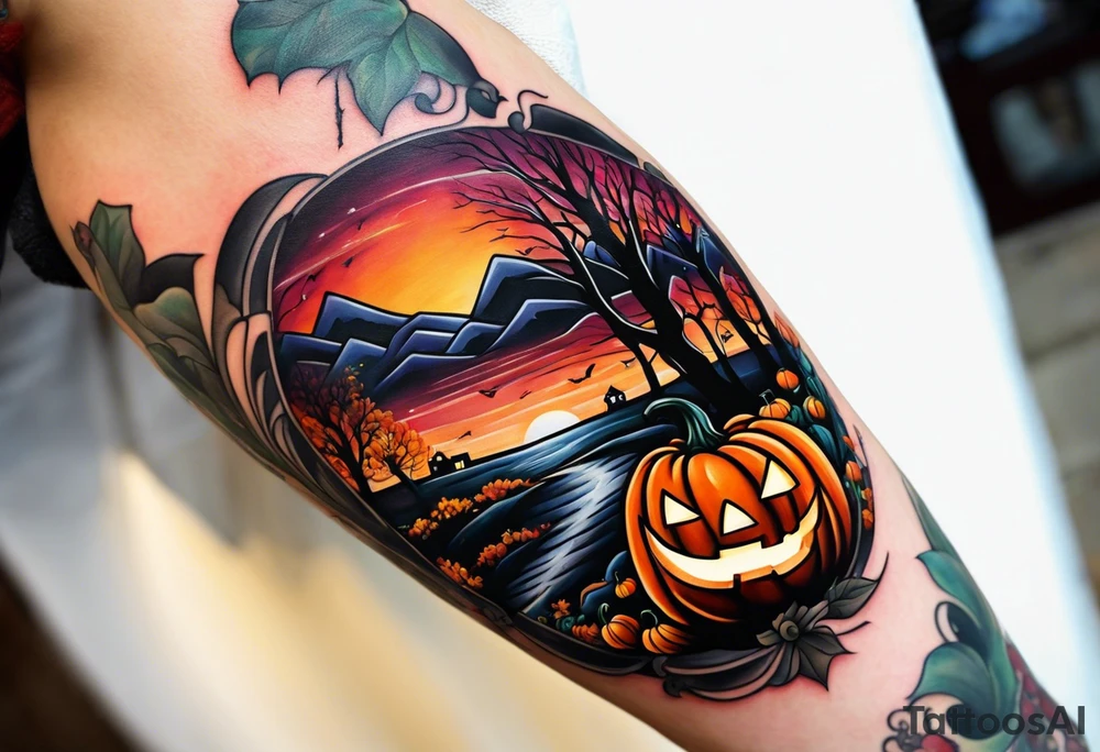 Midwestern street in fall with Halloween pumpkin tattoo idea