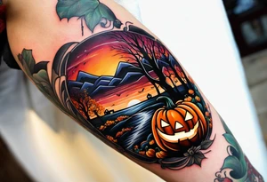 Midwestern street in fall with Halloween pumpkin tattoo idea