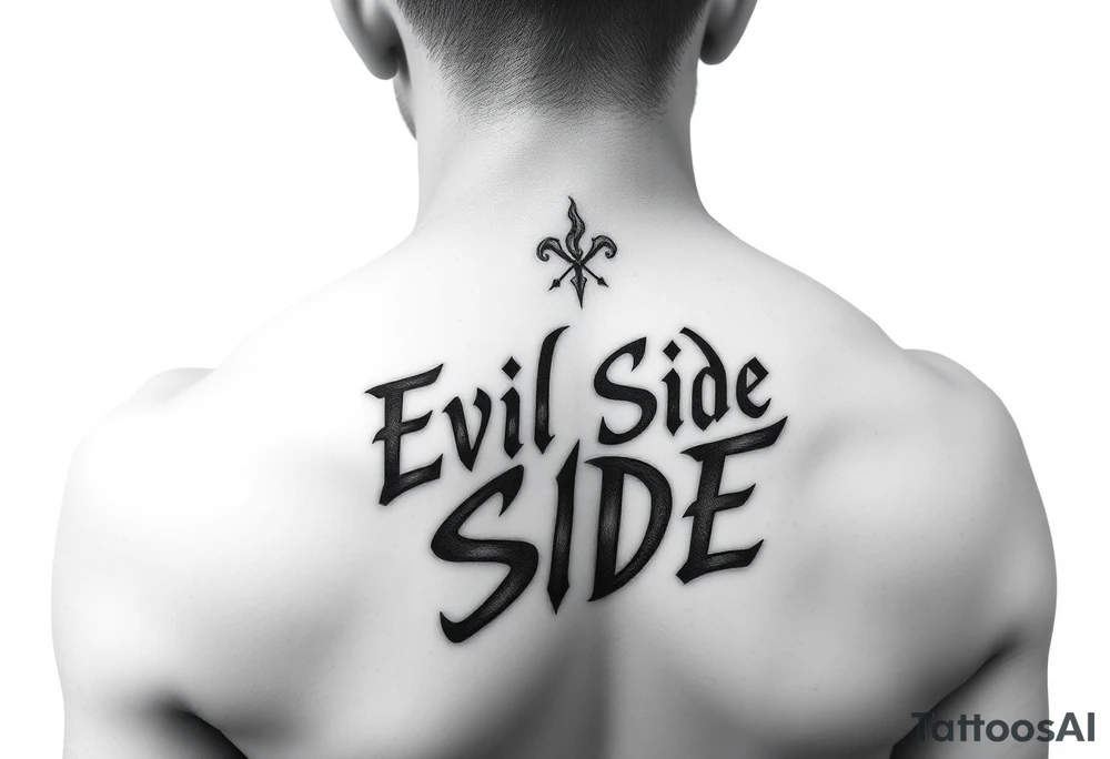 Bold cover up saying Evil Side from ear to ear on neck black and white tattoo idea