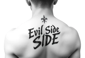 Bold cover up saying Evil Side from ear to ear on neck black and white tattoo idea