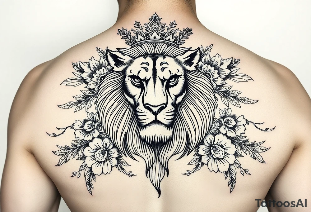 powerful majestic lion with a crown, surrounded by floral ornaments and birds tattoo idea