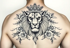 powerful majestic lion with a crown, surrounded by floral ornaments and birds tattoo idea