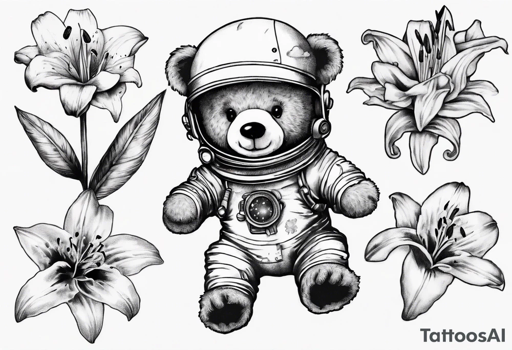 Teddy bear astronaut holding Lily tattoo idea