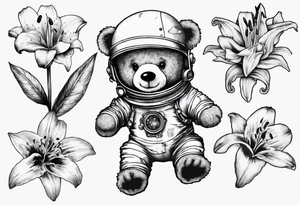 Teddy bear astronaut holding Lily tattoo idea