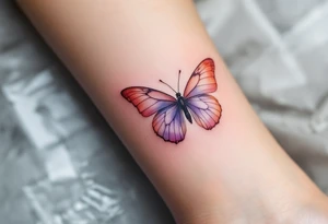 Janička framed by a soft watercolor butterfly, in shades of peach and lavender. tattoo idea