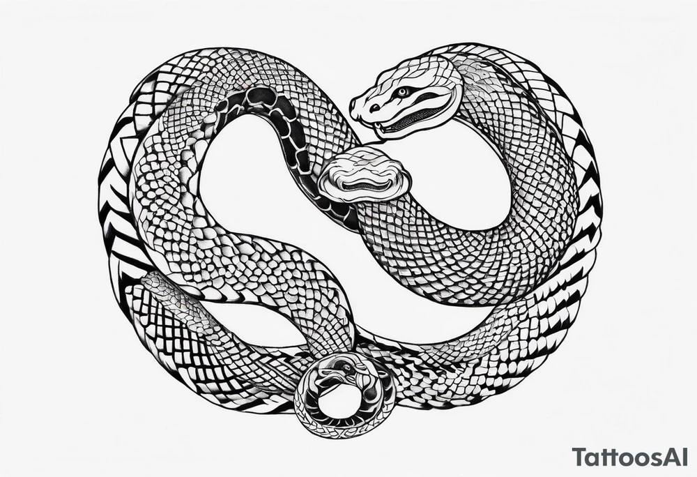 Double headed snake tattoo for placement along the spine in japanese style where the head is positioned at the bottom end of my spine to symbolise a journey of healing and transformation with small reference to ying yang tattoo idea