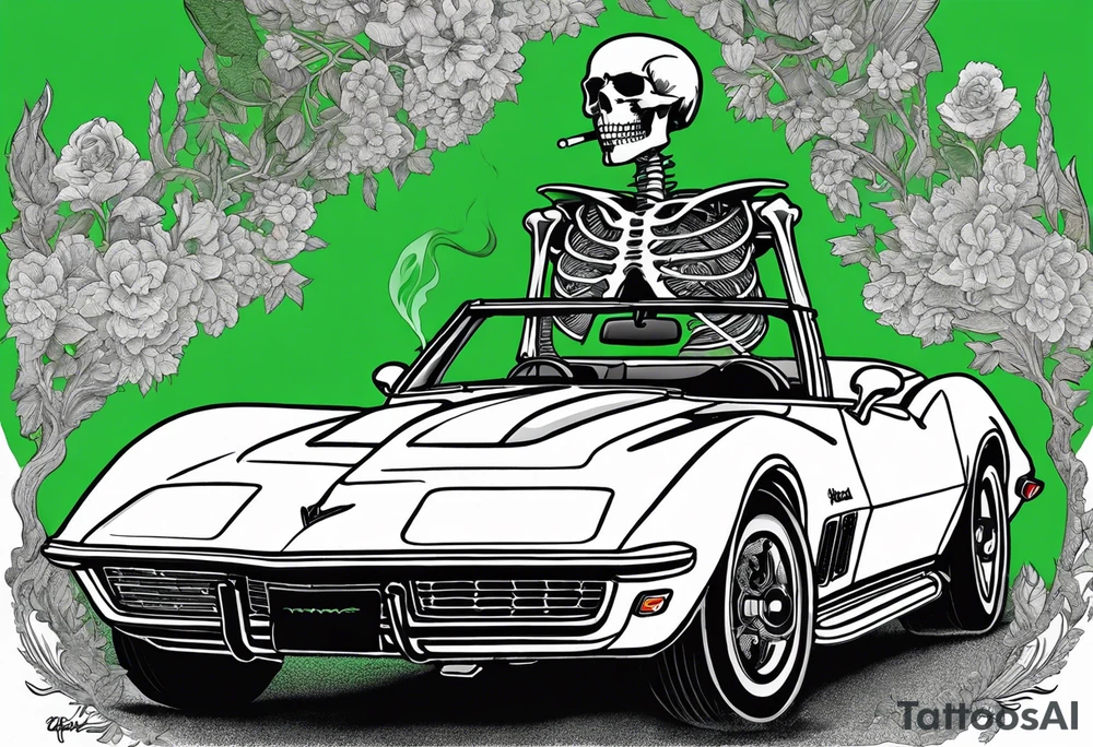 Skeleton smoking a cigarette driving a green 1976 convertible Corvette tattoo idea