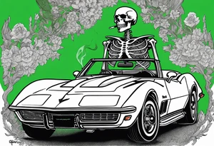 Skeleton smoking a cigarette driving a green 1976 convertible Corvette tattoo idea