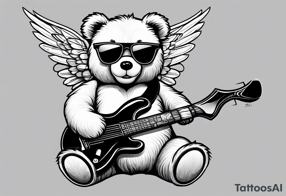 Teddy bear with angel wings wearing sunglasses holding a hammer tattoo idea