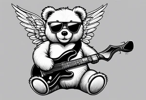 Teddy bear with angel wings wearing sunglasses holding a hammer tattoo idea