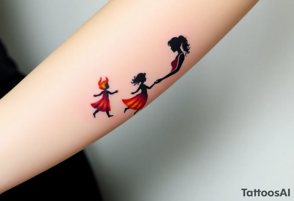 Silhouette of a mother passing 2 flames to two daughters tattoo idea