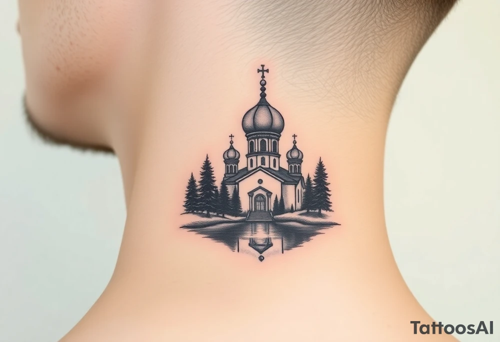 medium sized russian orthodox dome church with a separated virgin mary with a lake and pine trees on the sized of my neck tattoo idea