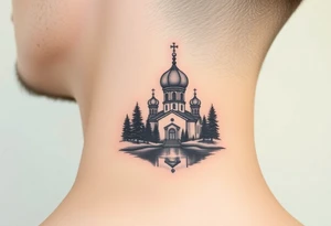 medium sized russian orthodox dome church with a separated virgin mary with a lake and pine trees on the sized of my neck tattoo idea