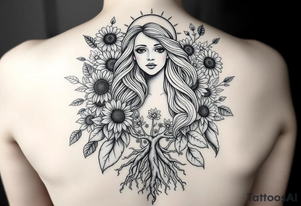 Realistic black and grey back tattoo design of Mother Earth surrounded by flowing sunflowers, wildflowers, vines, and glowing celestial elements. She has a calm, powerful face, long wavy hair blending into the plants, and is cradled by vines. Her hands are raised toward a radiant sun above her head. At the bottom, tree roots grow from her lower body, grounding her. The composition is vertical, ethereal, sacred, and feminine. Smooth shading, sculptural style, no cartoon features. High-detail, made for a full back piece. tattoo idea
