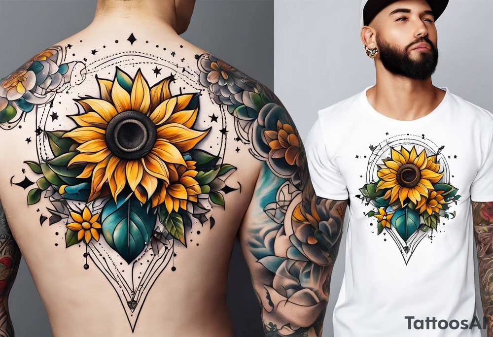 elegant tattoo design with sunflower surrounded by circle of little stars and arrow tattoo idea