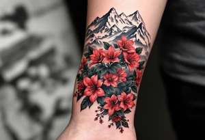 wrap around entire wrist red  and black rhododendron trippy with Himalayas behind tattoo idea