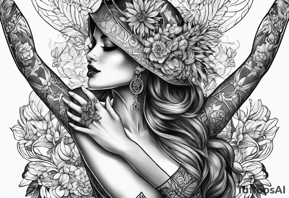 woman dancing hand in hand with skeleton tattoo idea