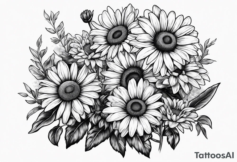 Daisy bouquet with stems and with a sunflower tattoo idea Daisy bouquet with stems and with a sunflower tattoo idea
