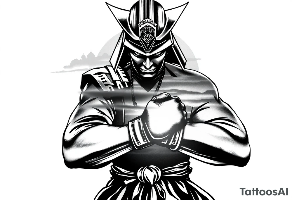 noble samurai warrior silhouette at sunset with boxing gloves tattoo idea