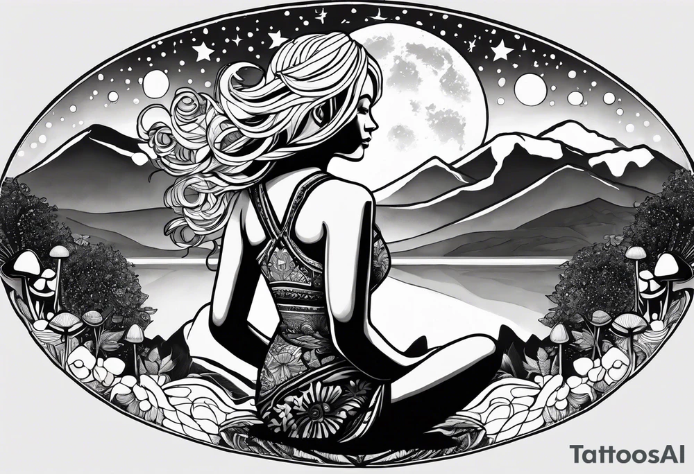 Straight blonde hair girl meditating facing away toward mountains surrounded by mushrooms crescent moon mandala circular design black and white striped dress tattoo idea