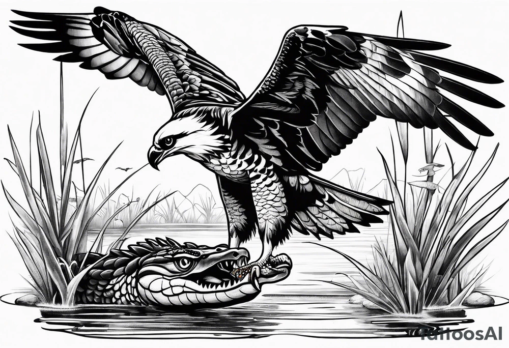 Osprey and alligator in the marsh tattoo idea