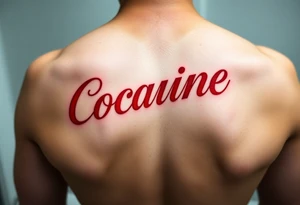 Cocaine in red font curved tattoo idea