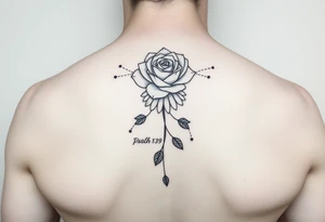 Fine line rose flower intertwined with a daisy with the daisy pedals falling down the middle of the back. Also include the words psalm 139 and even there connected to the flowers by dots tattoo idea