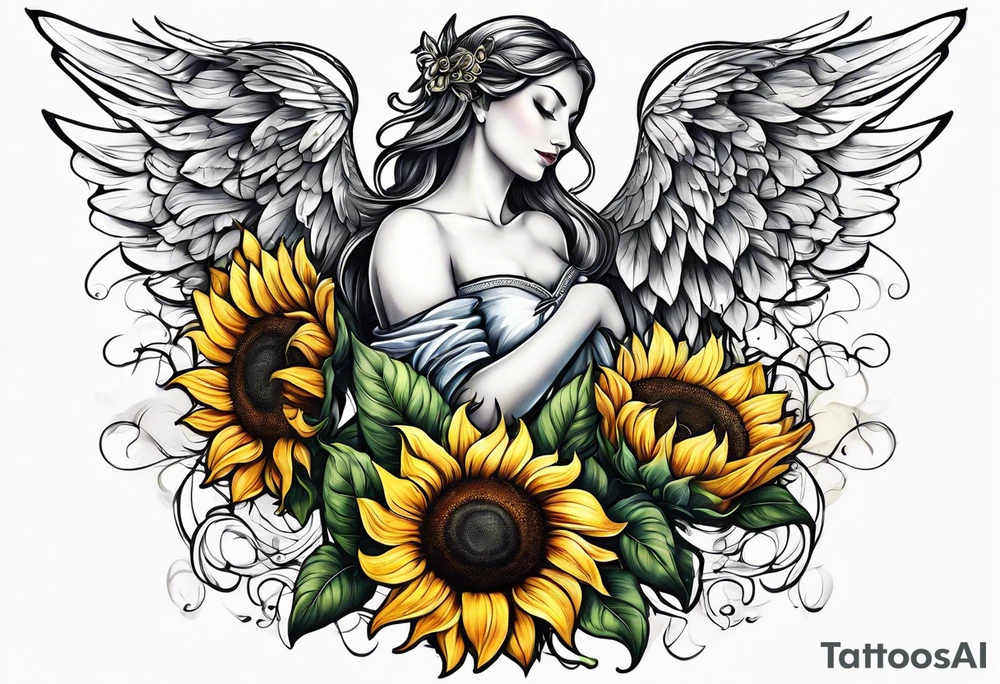 Sunflowers and angel wings leg sleeve tattoo idea