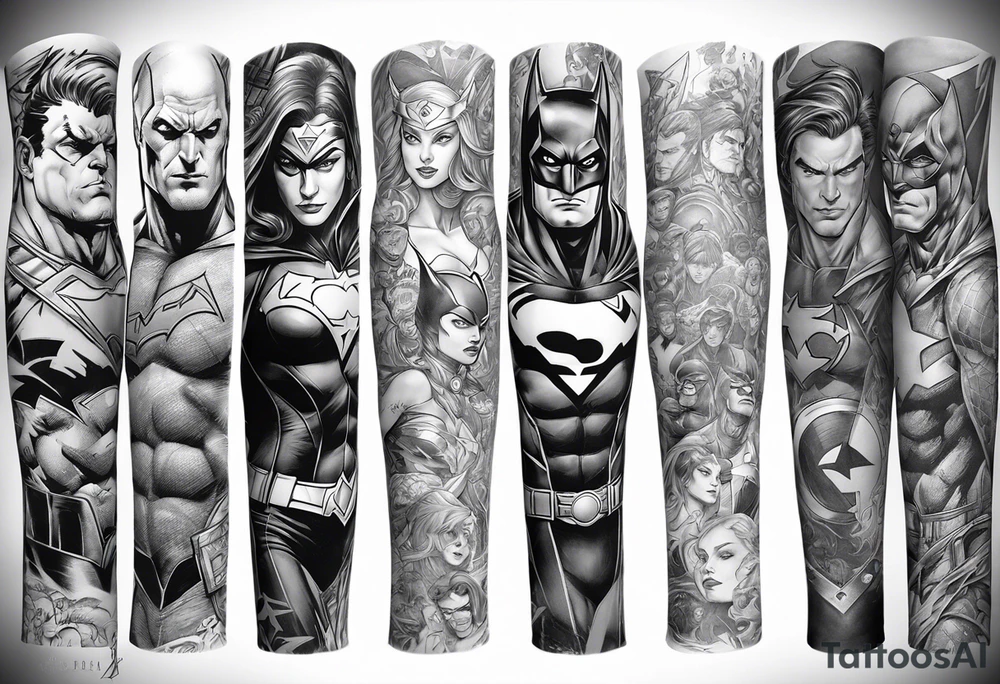 Full arm sleeve tattoo extending from shoulder to wrist featuring an assemble of only the emblems of DC comic heroes and villians tattoo idea