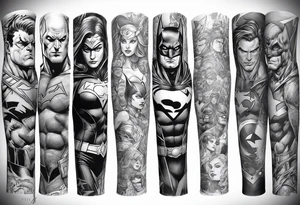 Full arm sleeve tattoo extending from shoulder to wrist featuring an assemble of only the emblems of DC comic heroes and villians tattoo idea